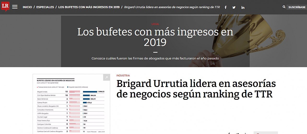 Brigard Urrutia lidera en asesoras de negocios segn ranking de TTR